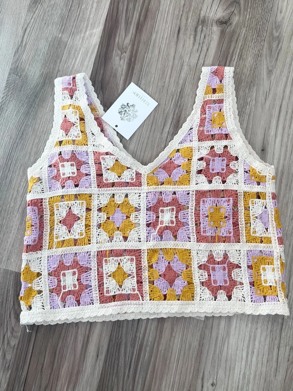 NEW Rebellion Crochet Patchwork Boho Granny Square Crochet Tank Top Size XS - Picture 2 of 8